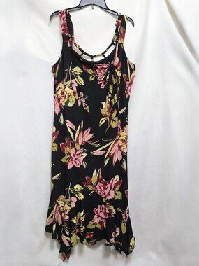DANA KAY Pink/Green Floral Print on Black Sleeveless Shift Sundress.
